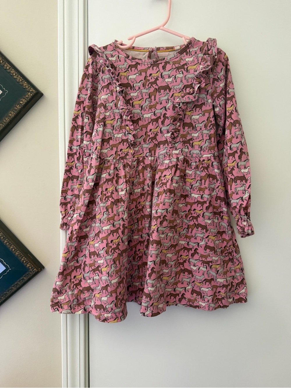 Mini Boden Pink Horse-Print Ruffle Long Sleeve Dress